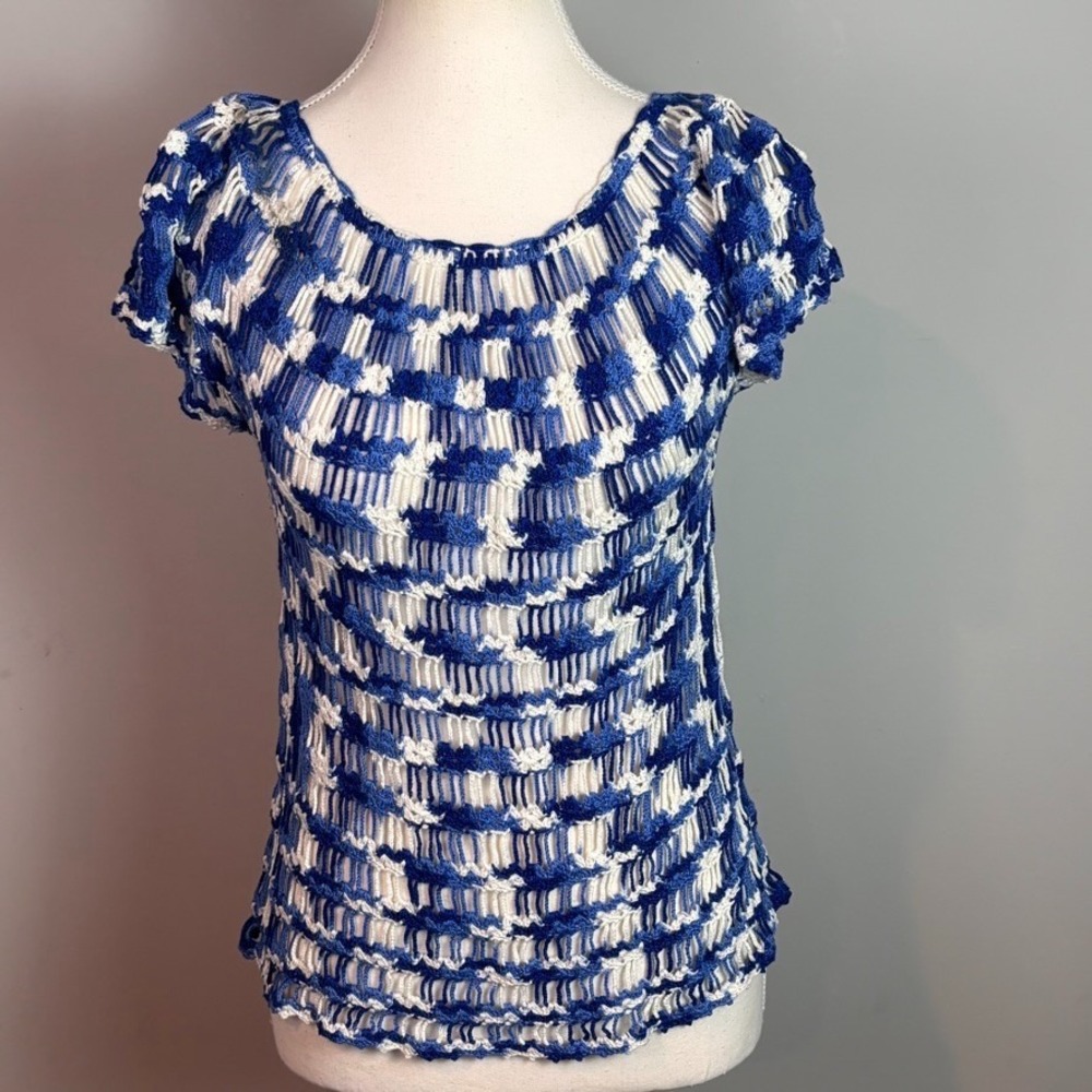 Handmade Womens Blue White Crochet Open Knit Cap Sleeve Blouse sz Sm/Med Unique